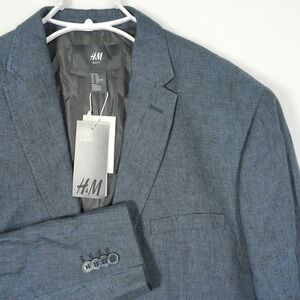 NWT‎ H&M Slim Fit Linen Blend Suit Blazer Jacket Blue Men's Size 44R